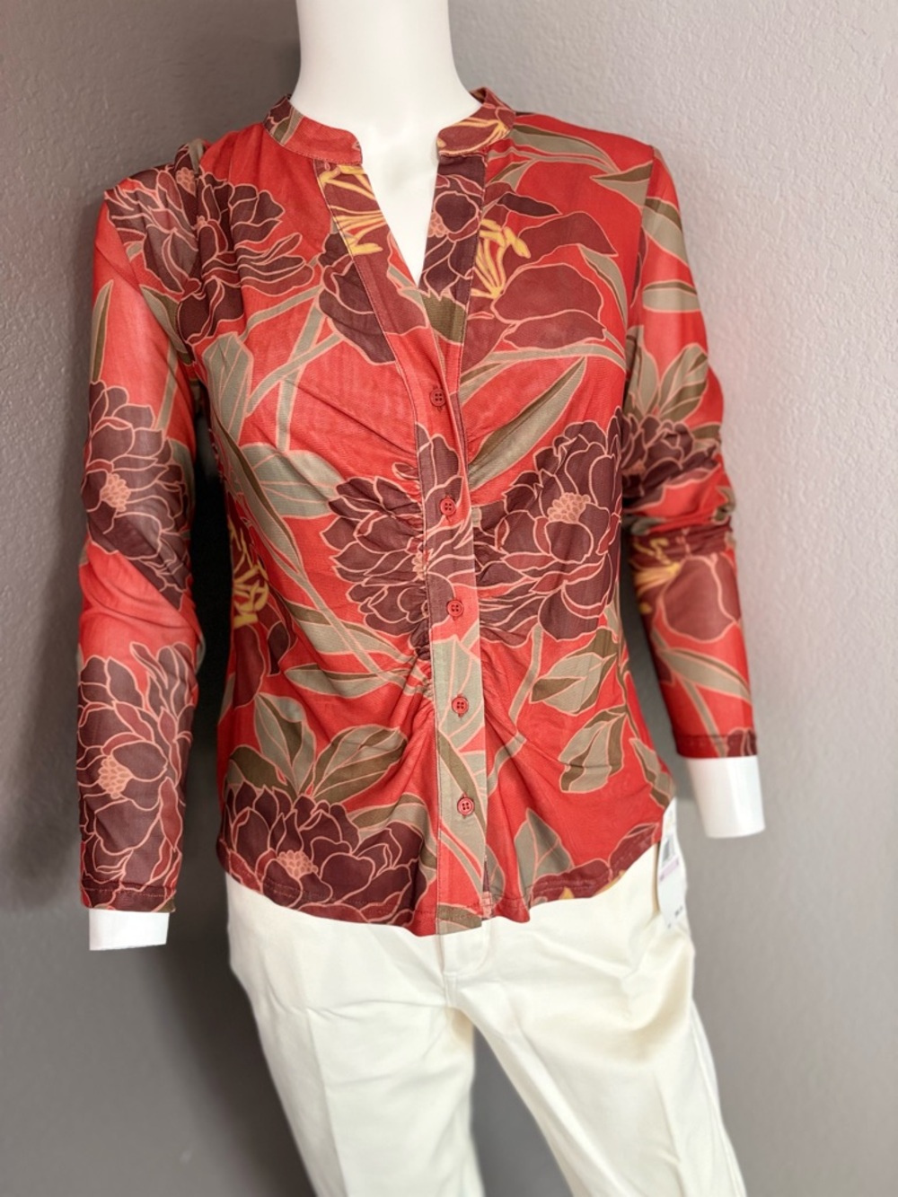 DR2 Coral Red Floral Button-Front Blouse